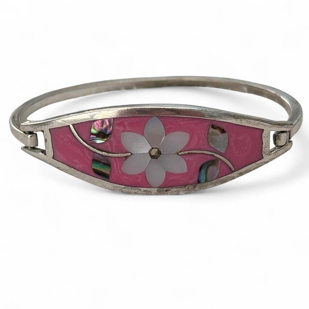 Alpaca Silver Pink Floral Abalone Bangle Bracelet Mexico